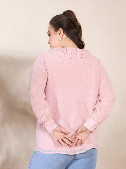 Pink Ditsy Floral Frill Neck Shirt