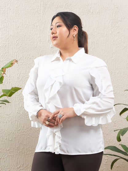 White Solid Front Button Ruffle Shirt