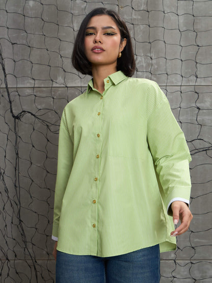 Green & White Stripes Gold Buttons Oversized Shirt