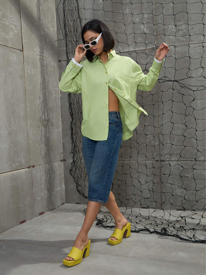 Green & White Stripes Gold Buttons Oversized Shirt