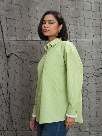 Green & White Stripes Gold Buttons Oversized Shirt