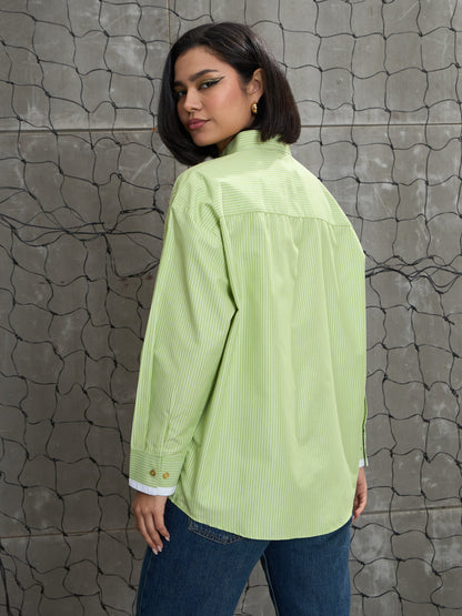 Green & White Stripes Gold Buttons Oversized Shirt