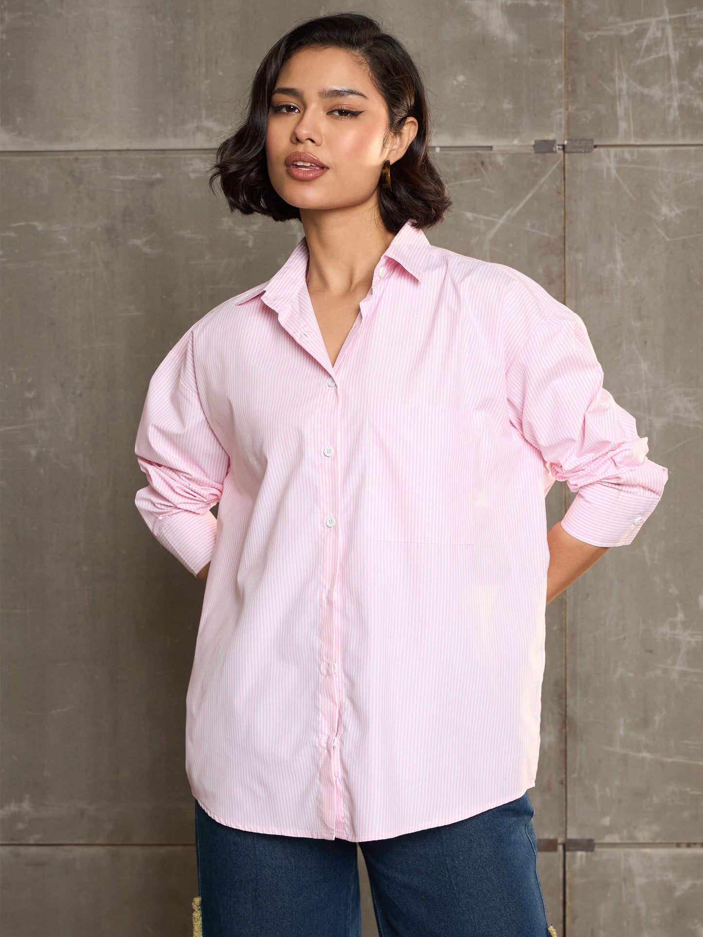 Women Pink & White Striped Oversized Shirt