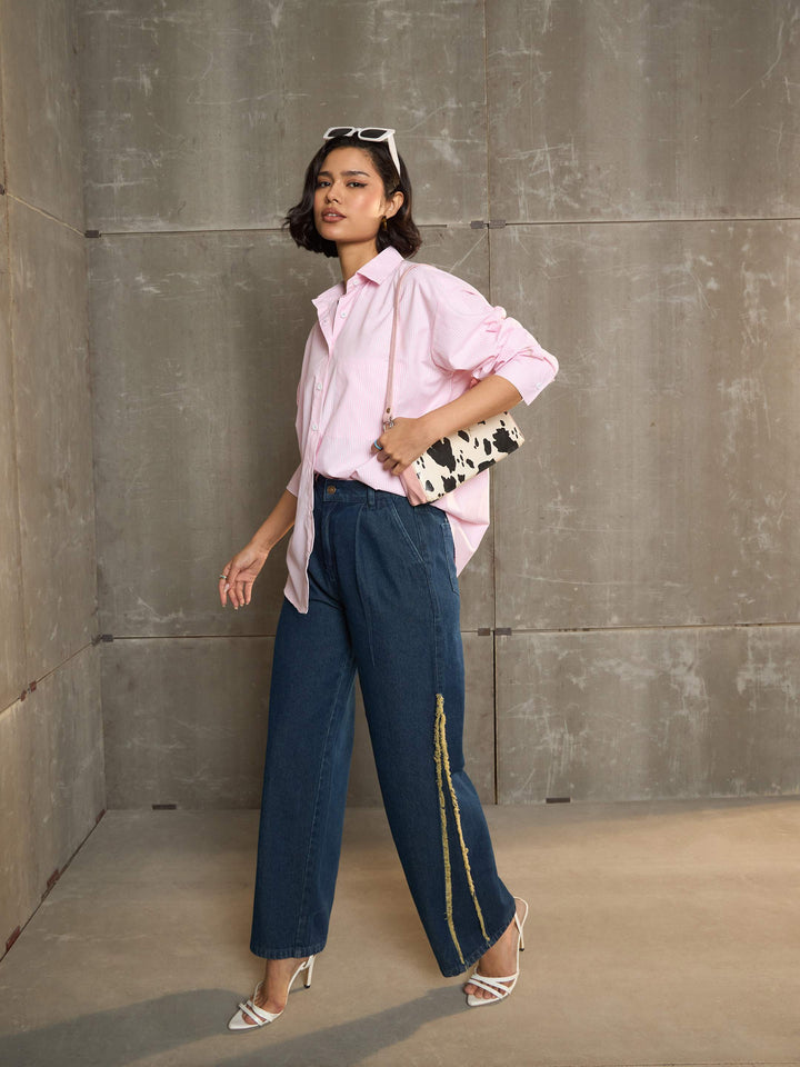 Women Pink &amp; White Striped Oversized Shirt