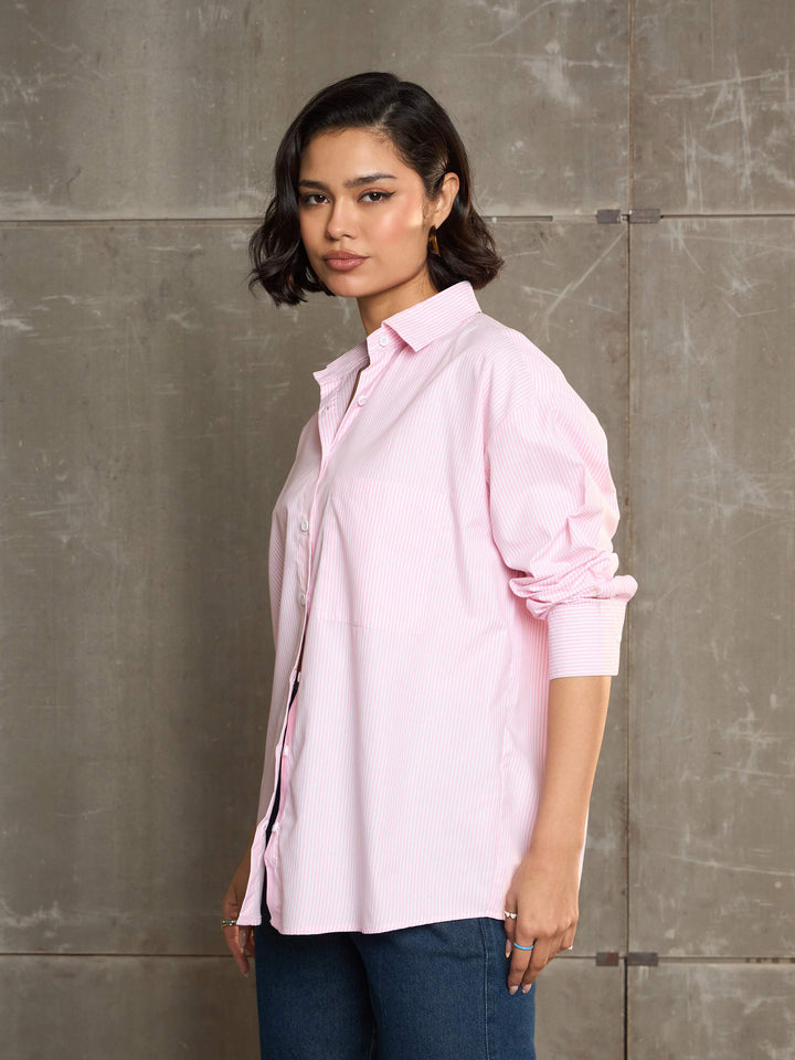 Women Pink &amp; White Striped Oversized Shirt