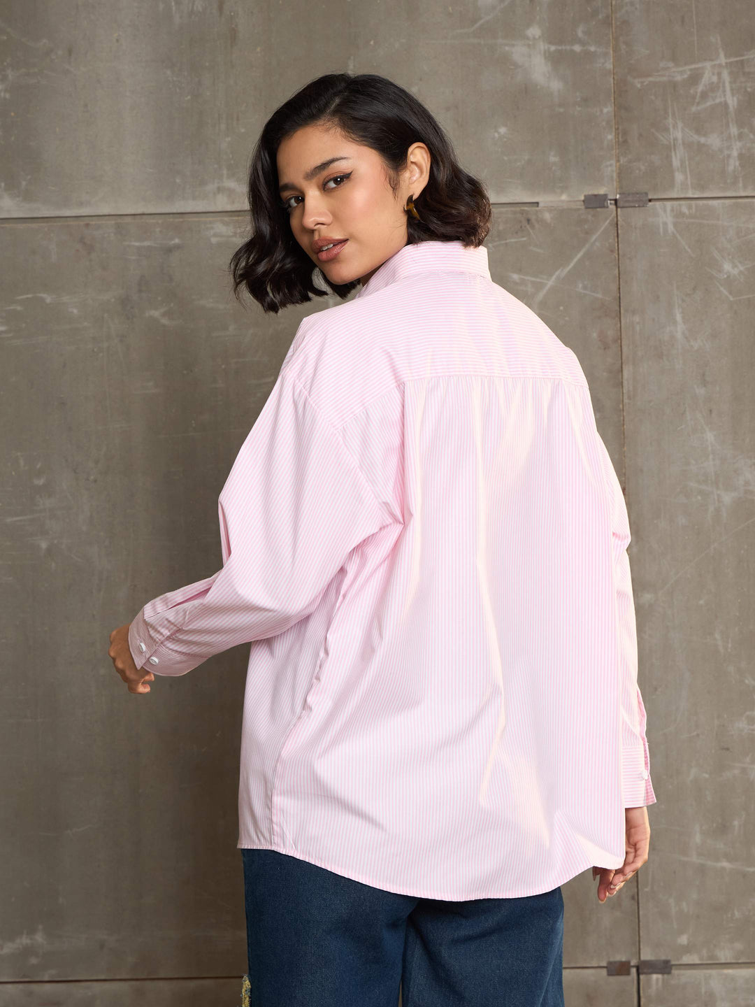 Women Pink &amp; White Striped Oversized Shirt