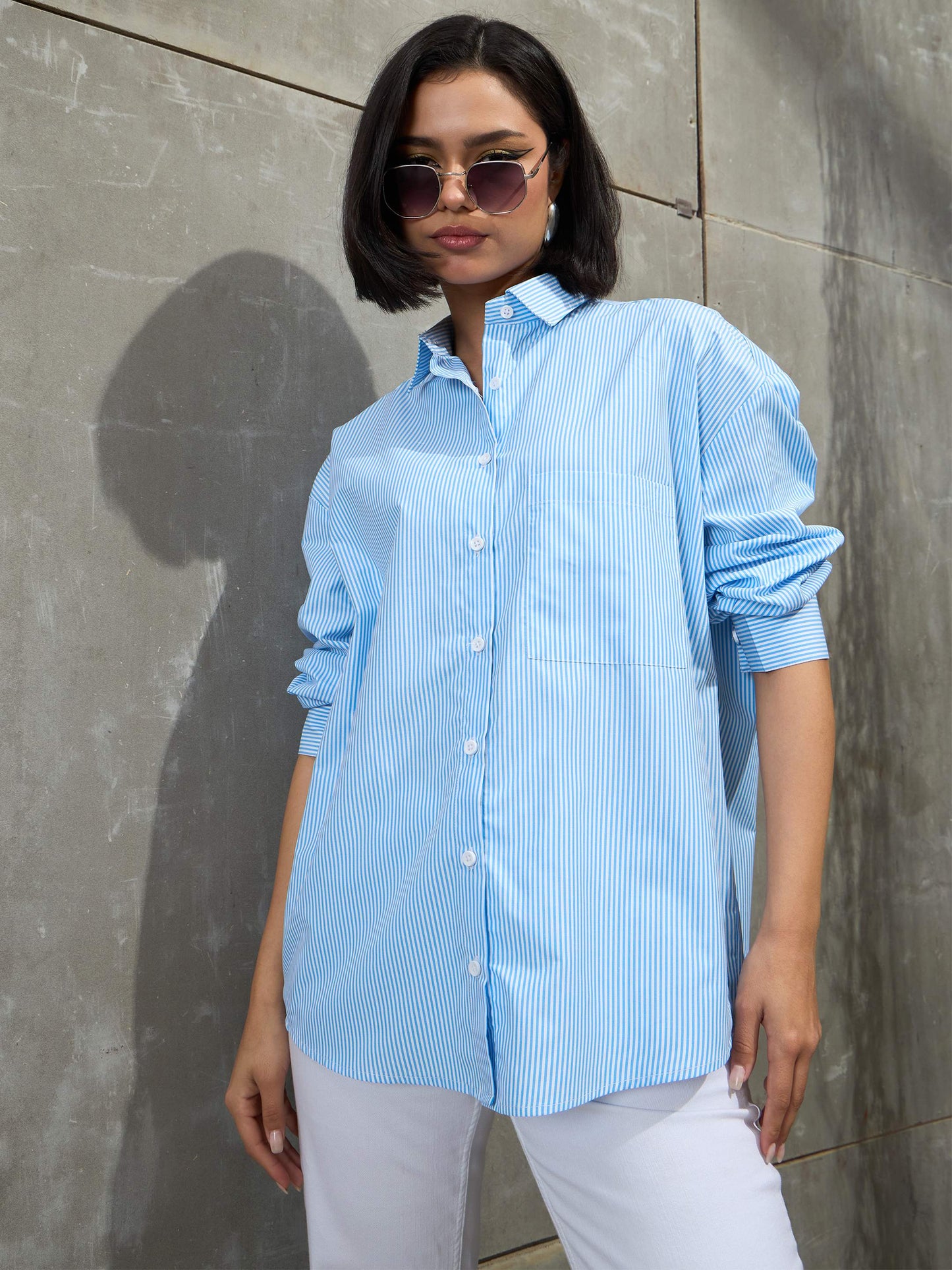 Women Blue & White Striped Oversized Shirt