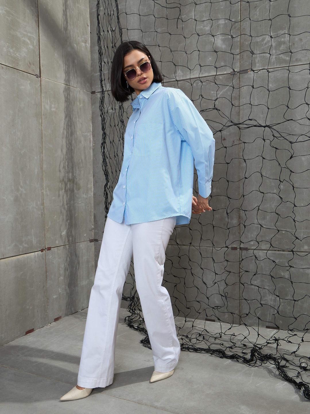 Women Blue &amp; White Striped Oversized Shirt
