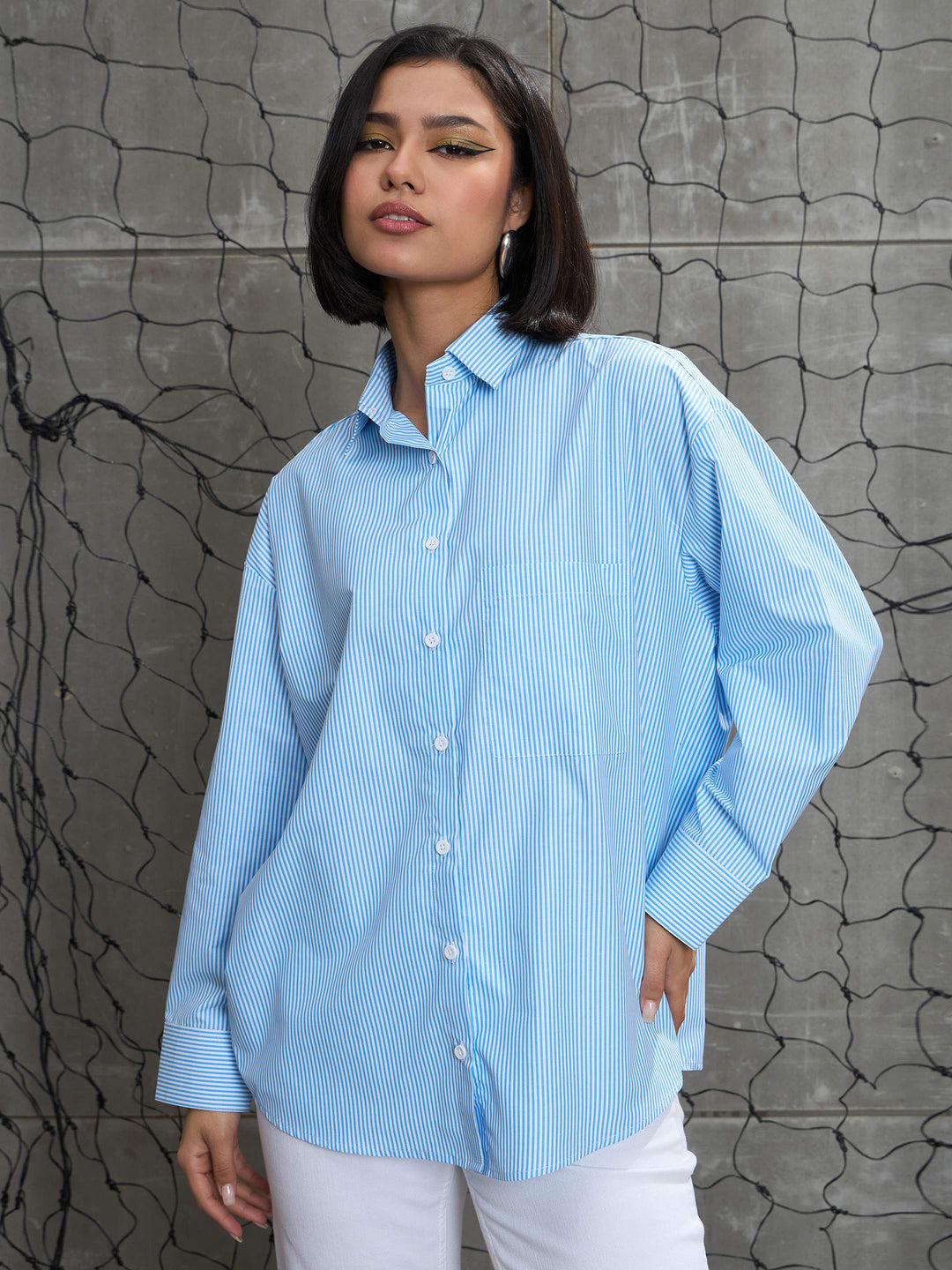Women Blue &amp; White Striped Oversized Shirt