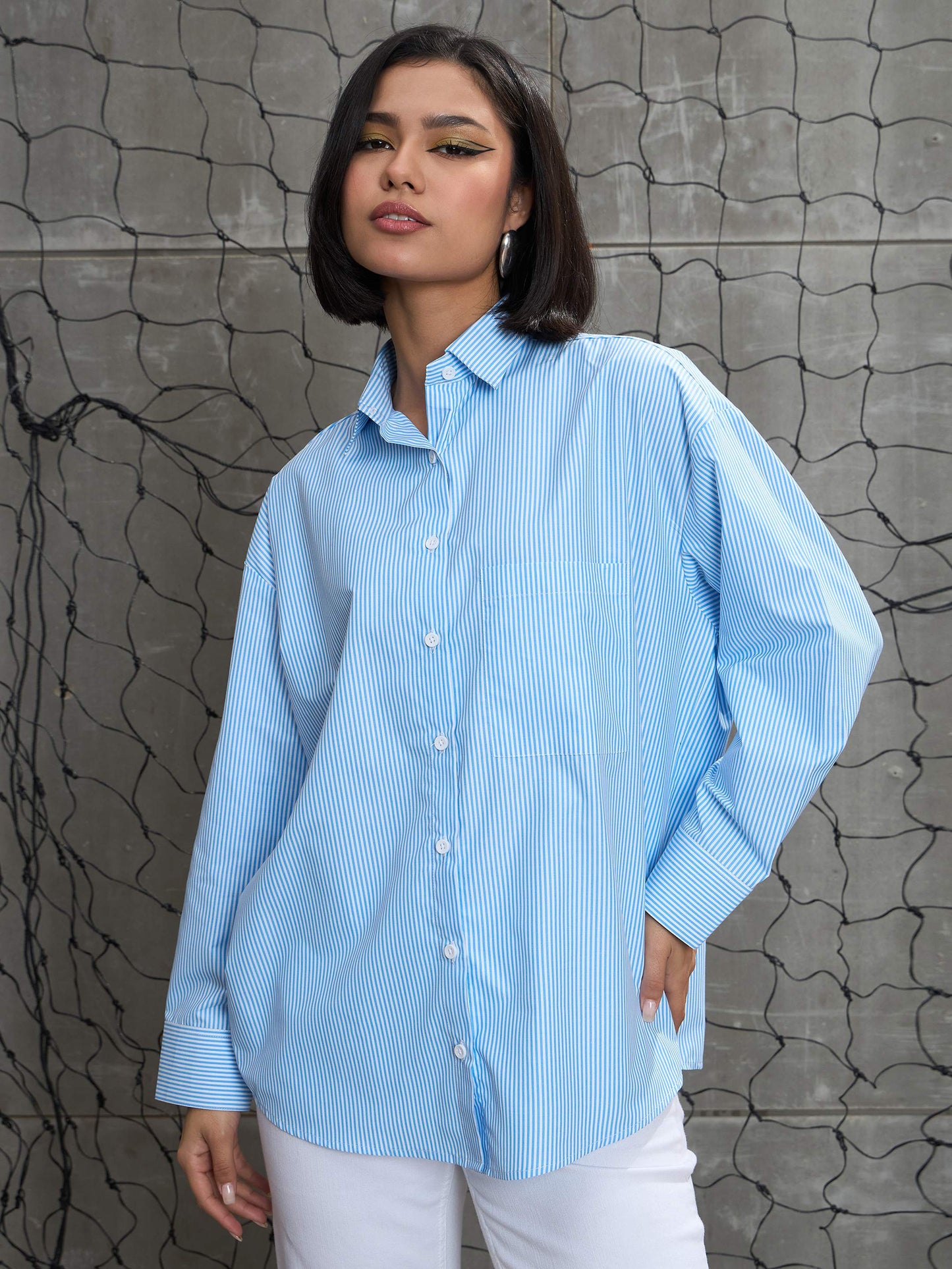 Women Blue & White Striped Oversized Shirt