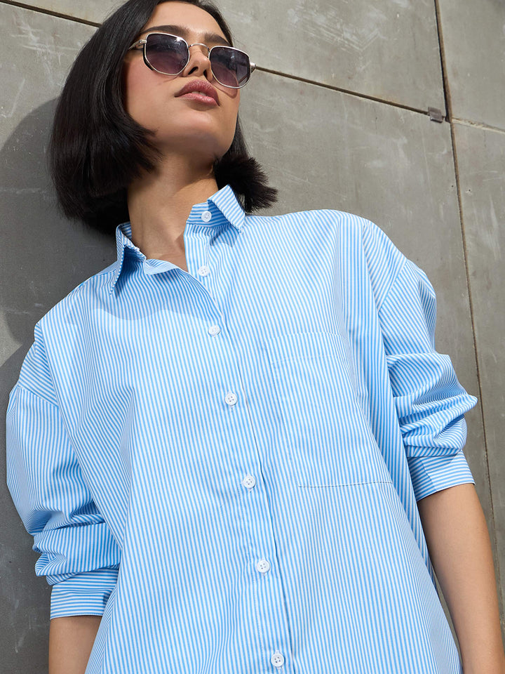 Women Blue &amp; White Striped Oversized Shirt