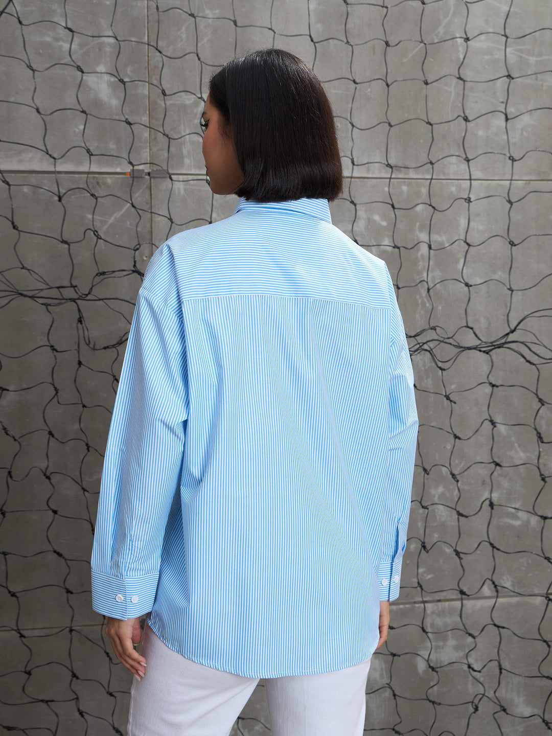 Women Blue &amp; White Striped Oversized Shirt