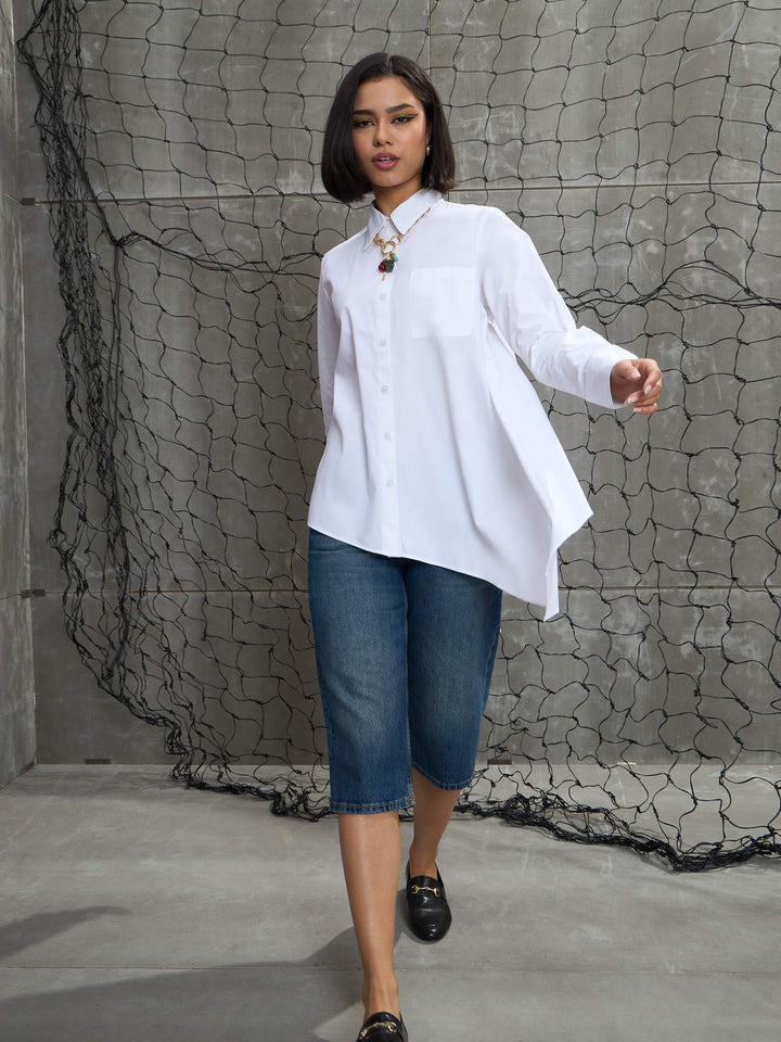 Women White Poplin Asymmetric Hem Shirt