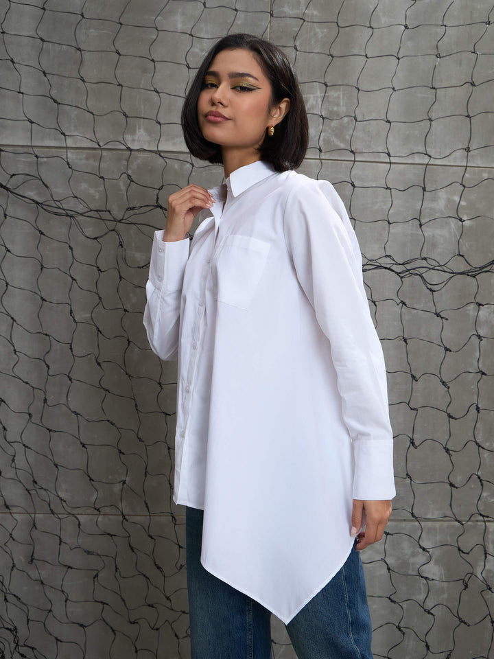 Women White Poplin Asymmetric Hem Shirt