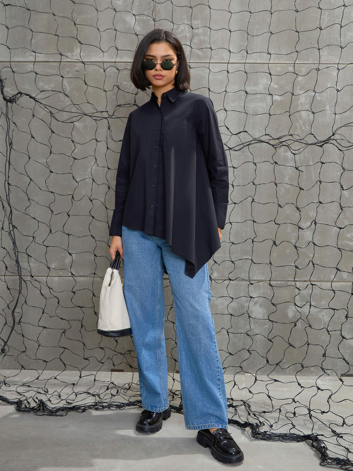 Women Black Poplin Asymmetric Hem Shirt