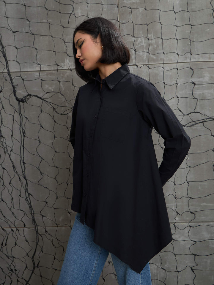 Women Black Poplin Asymmetric Hem Shirt