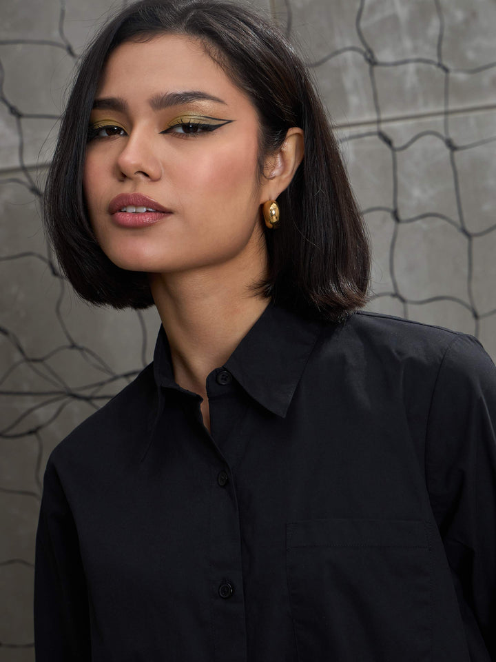 Women Black Poplin Asymmetric Hem Shirt