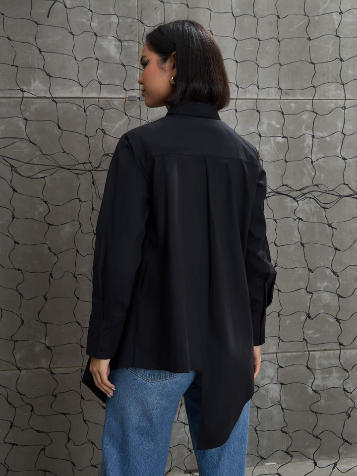 Women Black Poplin Asymmetric Hem Shirt