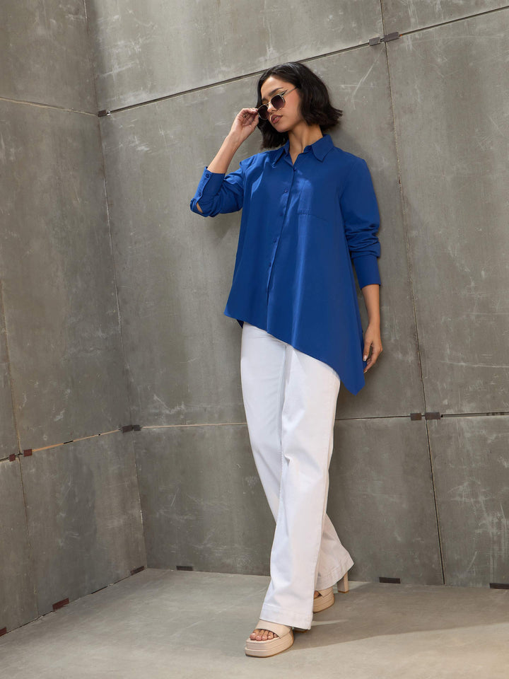 Women Royal Blue Poplin Asymmetric Hem Shirt