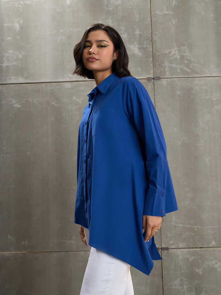Women Royal Blue Poplin Asymmetric Hem Shirt