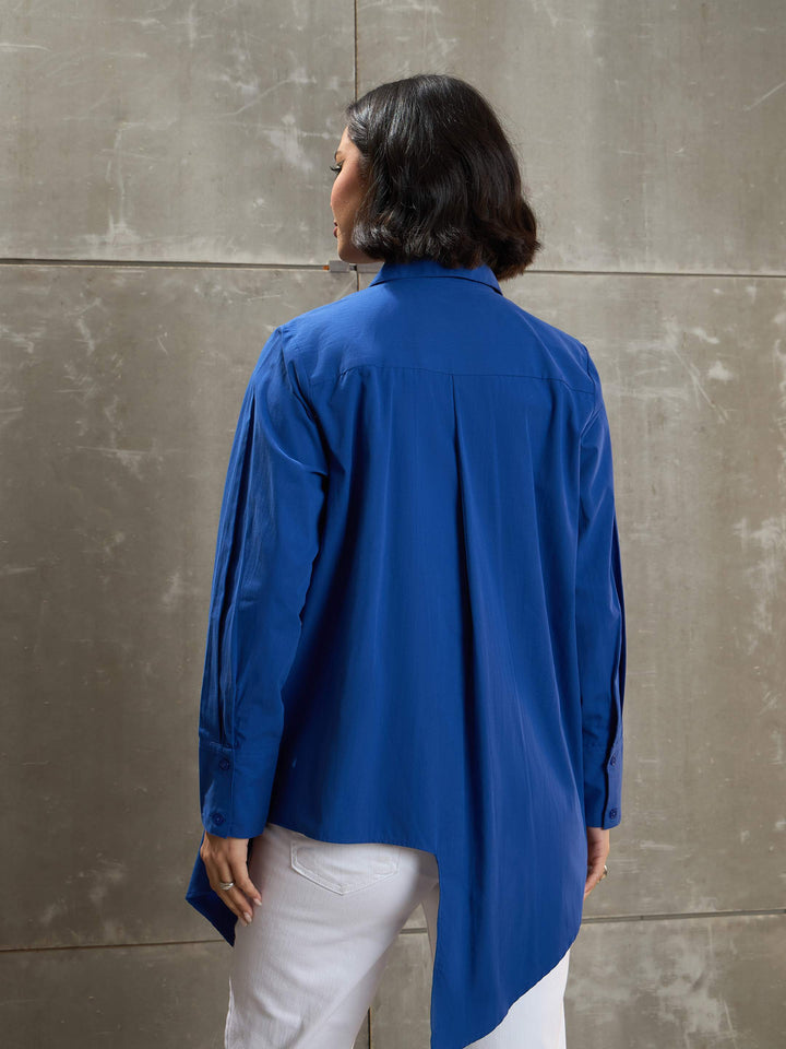 Women Royal Blue Poplin Asymmetric Hem Shirt
