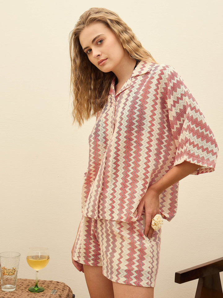 Women Red &amp; Beige Chevron Stripe Oversized Shirt