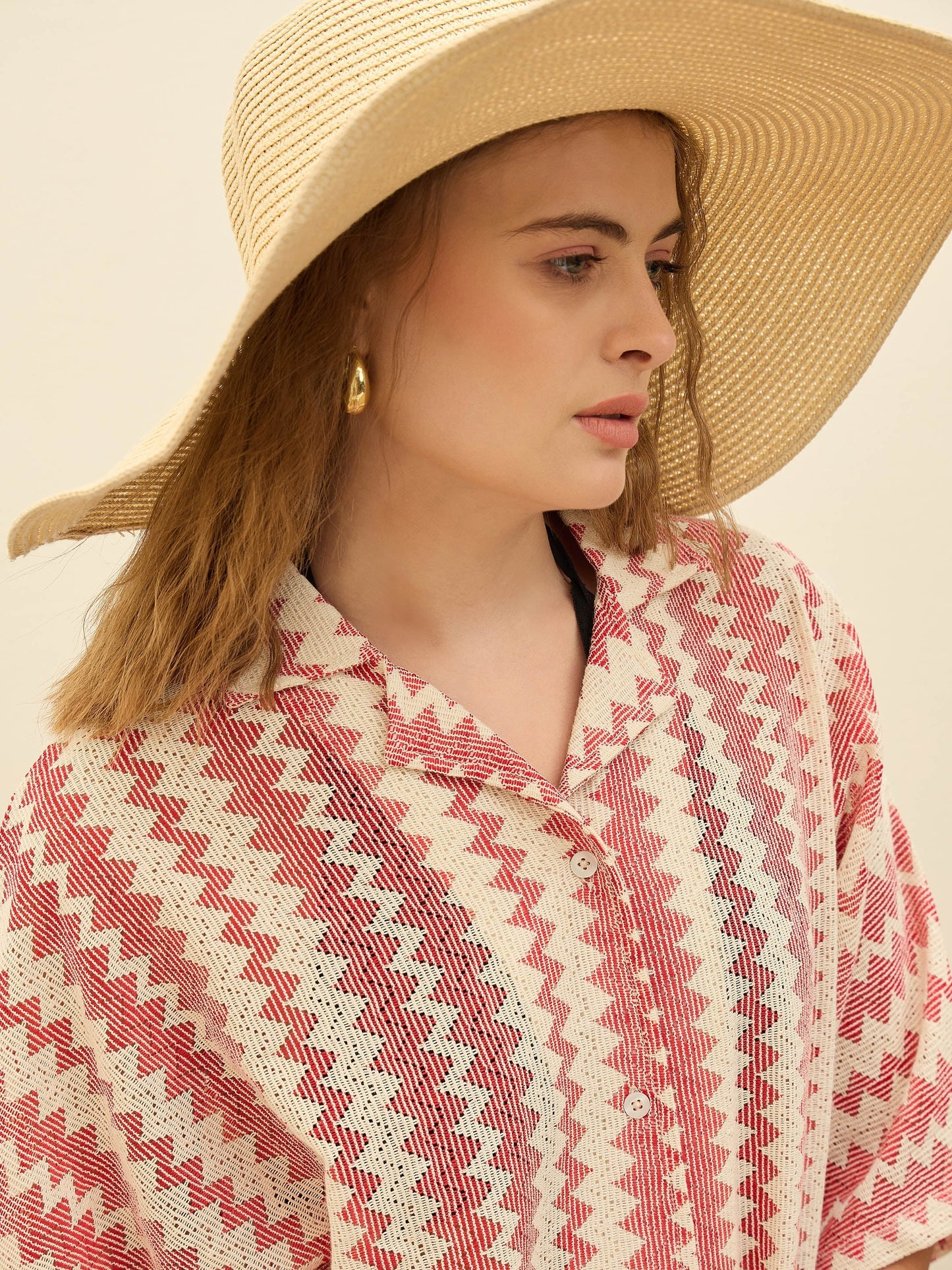 Women Red & Beige Chevron Stripe Oversized Shirt