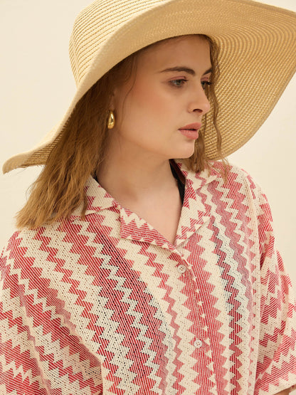 Women Red & Beige Chevron Stripe Oversized Shirt