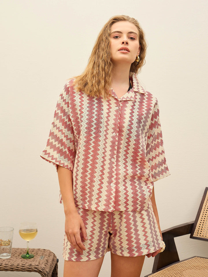 Women Red &amp; Beige Chevron Stripe Oversized Shirt