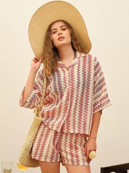 Women Red & Beige Chevron Stripe Oversized Shirt With Shorts