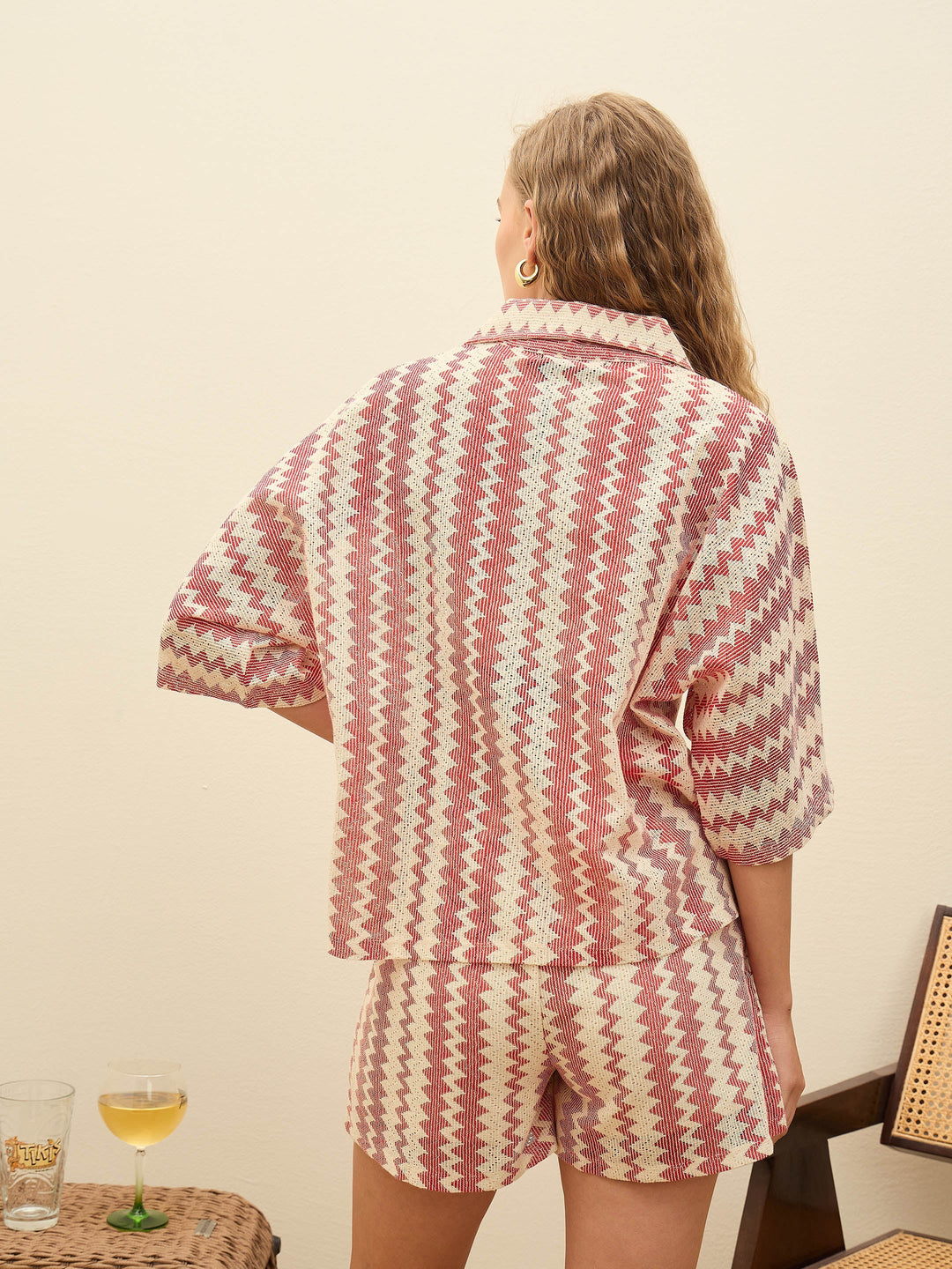 Women Red &amp; Beige Chevron Stripe Oversized Shirt With Shorts