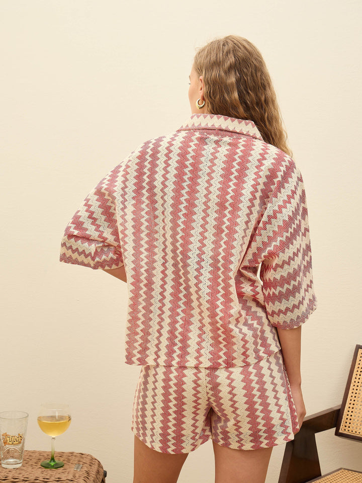 Women Red &amp; Beige Chevron Stripe Oversized Shirt With Shorts