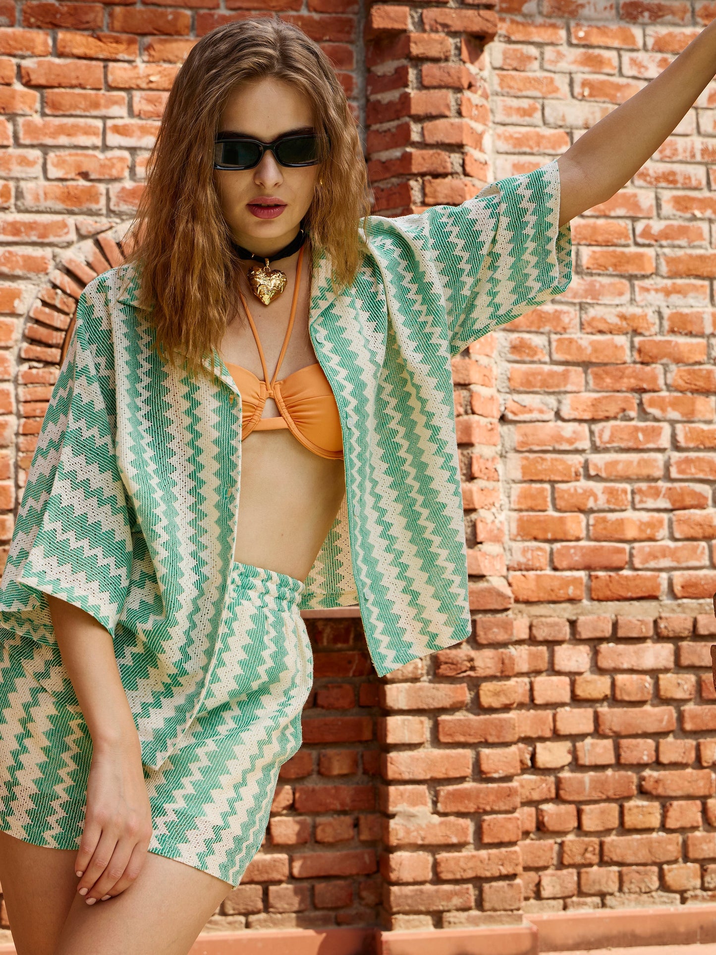 Women Green & Beige Chevron Stripe Oversized Shirt