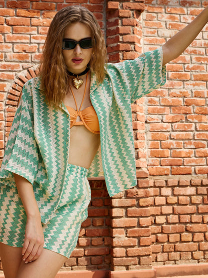 Women Green & Beige Chevron Stripe Oversized Shirt