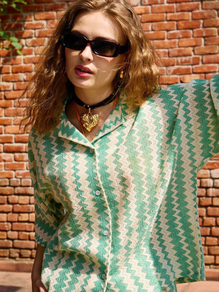 Women Green &amp; Beige Chevron Stripe Oversized Shirt With Shorts