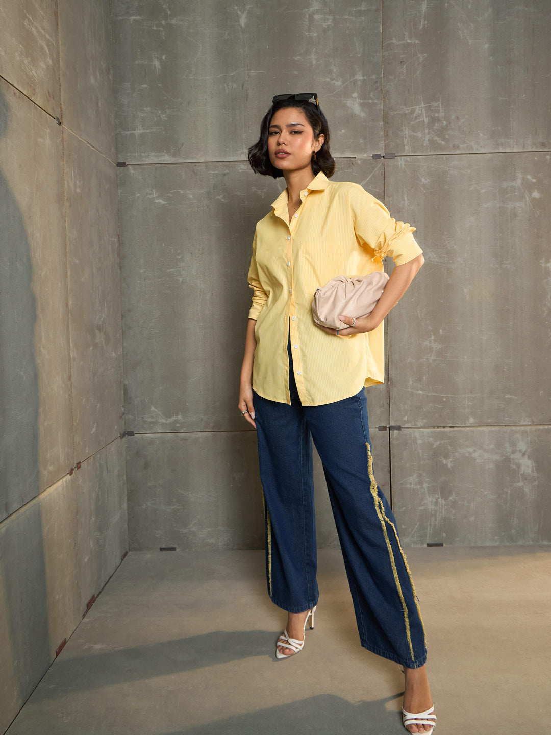 Women Yellow &amp; White Striped Oversized Shirt