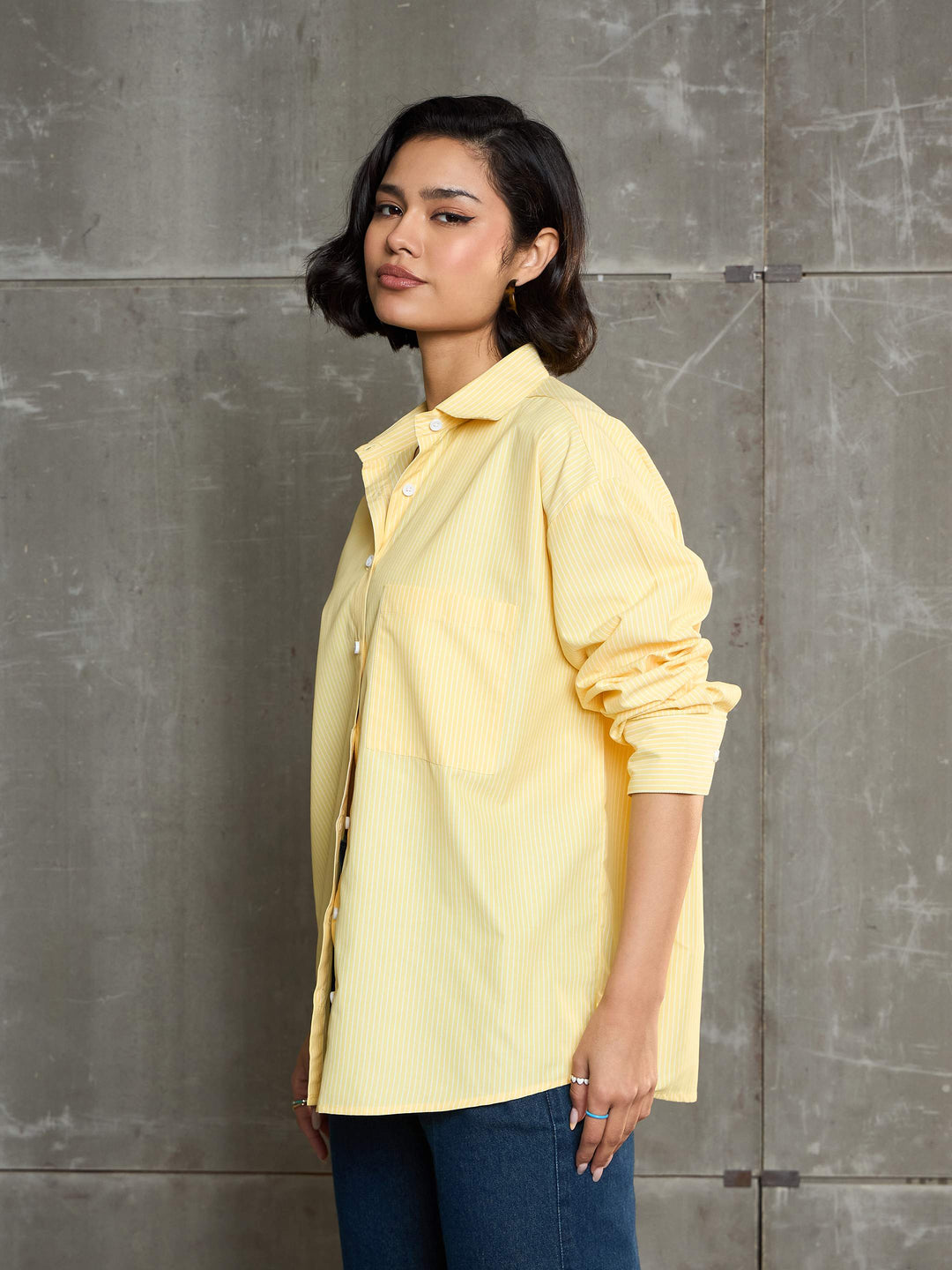 Women Yellow &amp; White Striped Oversized Shirt