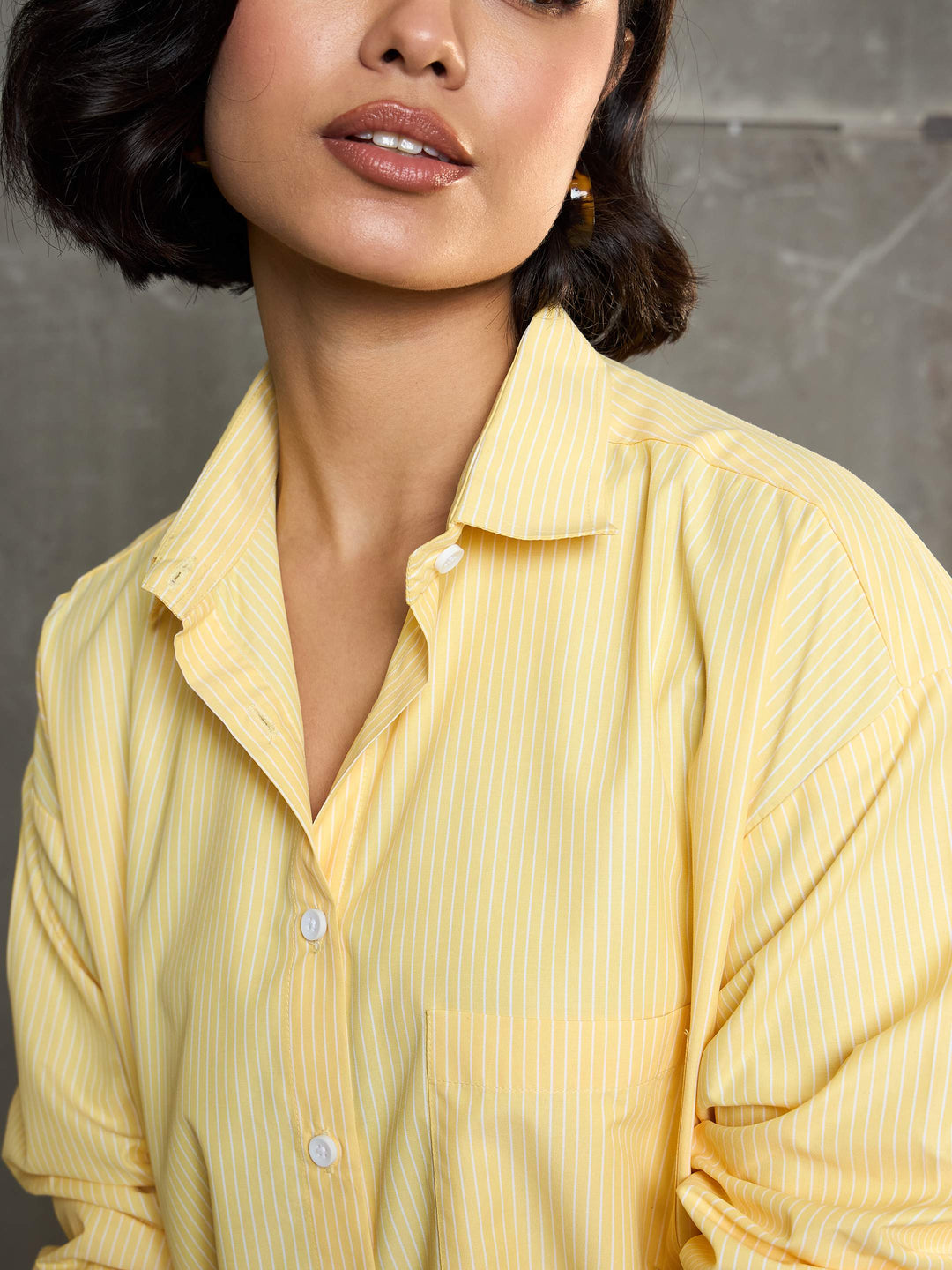 Women Yellow &amp; White Striped Oversized Shirt