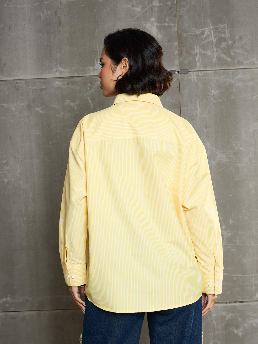 Women Yellow &amp; White Striped Oversized Shirt