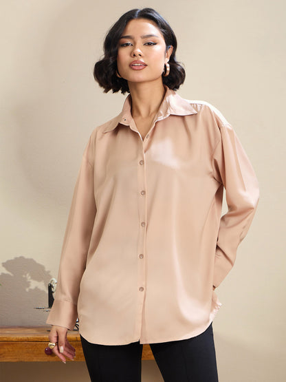 Beige Satin Oversized Curved Hem Shirt