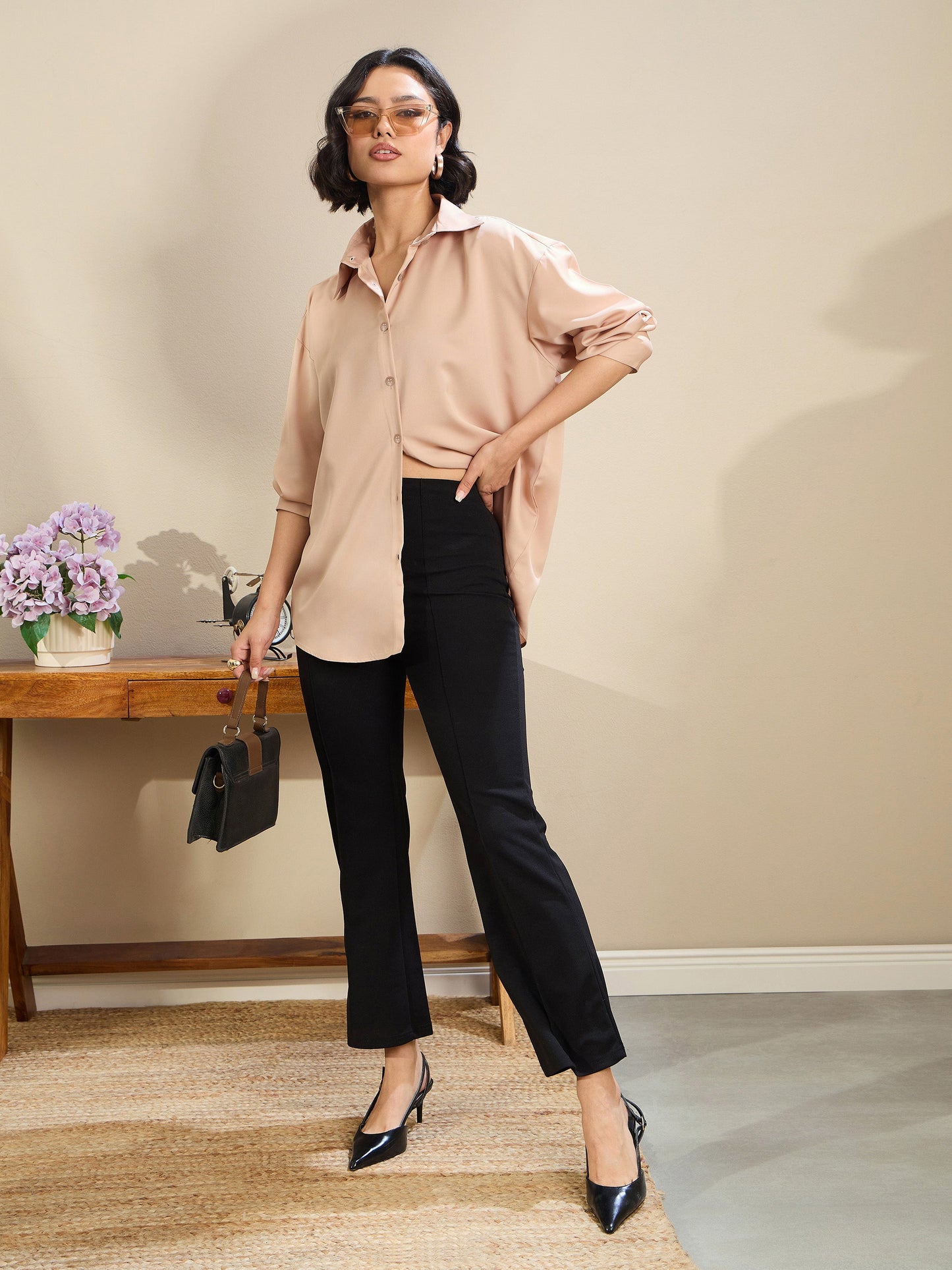 Beige Satin Oversized Curved Hem Shirt