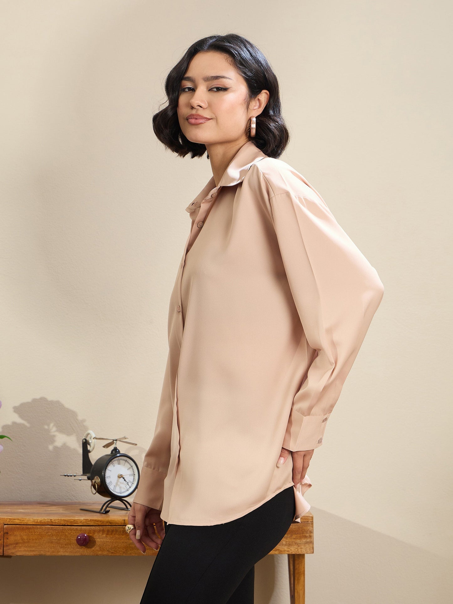 Beige Satin Oversized Curved Hem Shirt