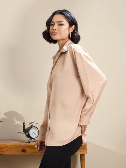 Beige Satin Oversized Curved Hem Shirt