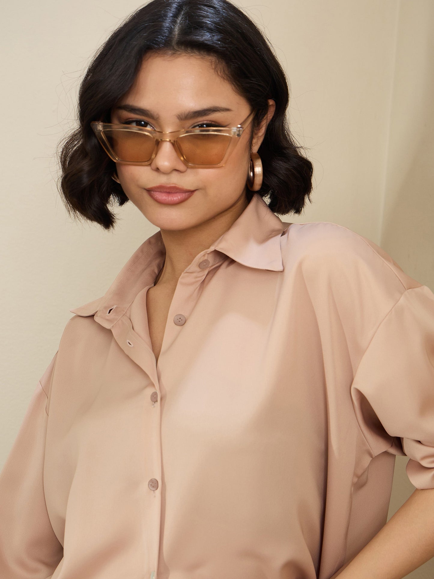 Beige Satin Oversized Curved Hem Shirt