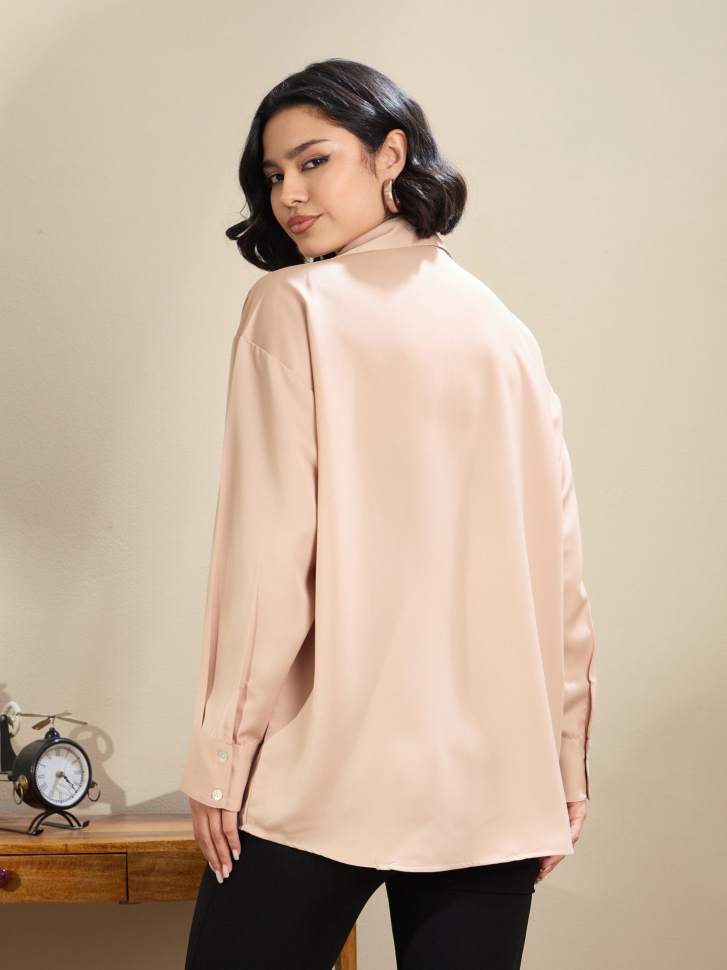 Beige Satin Oversized Curved Hem Shirt