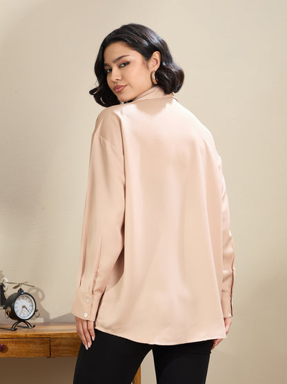 Beige Satin Oversized Curved Hem Shirt
