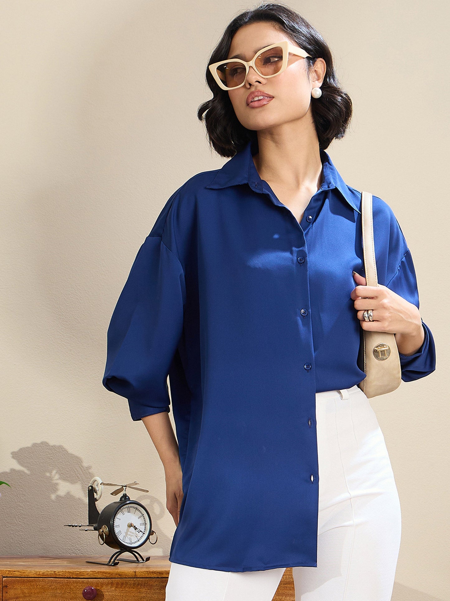 Women Royal Blue Satin Oversized Curved Hem Shirt