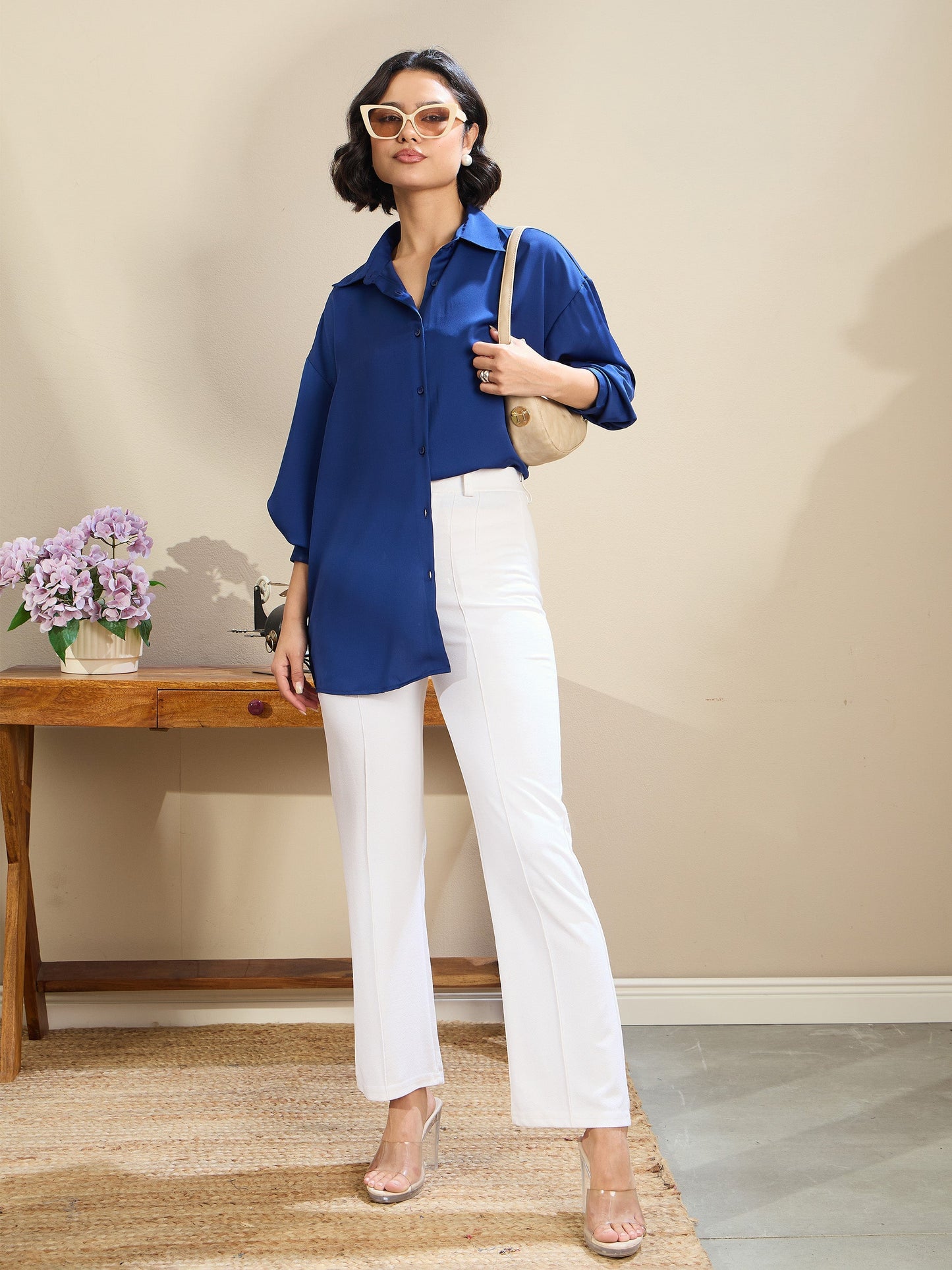 Women Royal Blue Satin Oversized Curved Hem Shirt