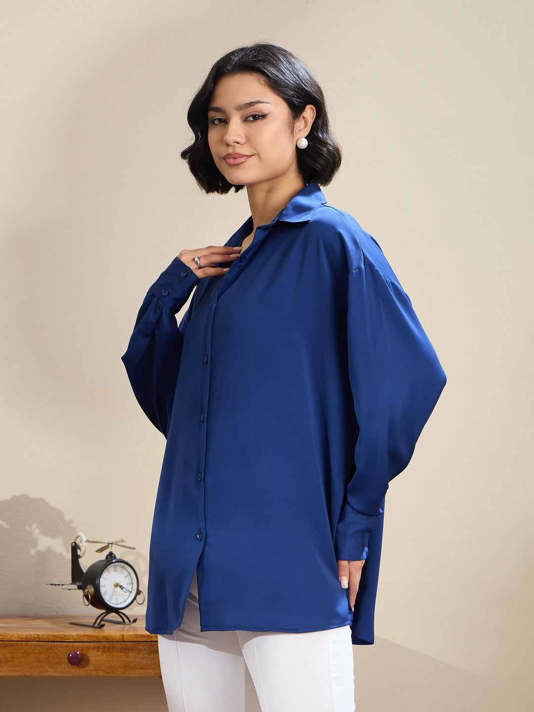 Women Royal Blue Satin Oversized Curved Hem Shirt