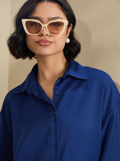 Women Royal Blue Satin Oversized Curved Hem Shirt